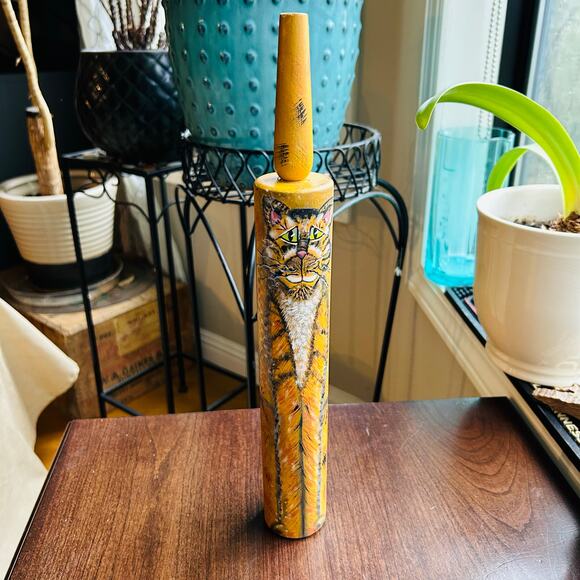 Vintage wooden rolling pen hand painted cat orange tabby kitty art decor signed - Picture 1 of 13